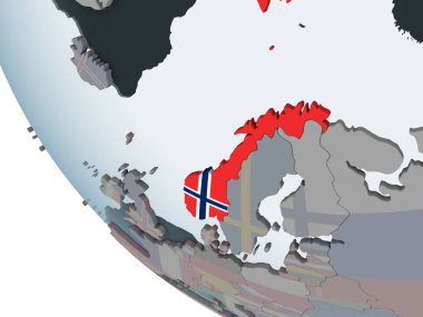 Norveç katıştırılmış bayrak ile siyasi dünya üzerinde. 3D çizim.