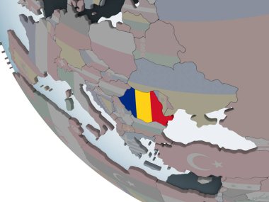Romanya katıştırılmış bayrak ile siyasi dünya üzerinde. 3D çizim.