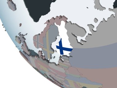 Finlandiya katıştırılmış bayrak ile siyasi dünya üzerinde. 3D çizim.