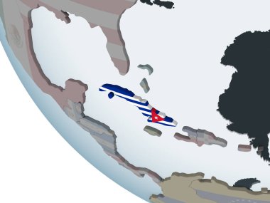 Küba katıştırılmış bayrak ile siyasi dünya üzerinde. 3D çizim.
