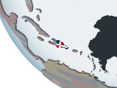 Dominik Cumhuriyeti katıştırılmış bayrak ile siyasi dünya üzerinde. 3D çizim.