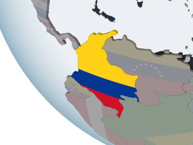 Kolombiya katıştırılmış bayrak ile siyasi dünya üzerinde. 3D çizim.