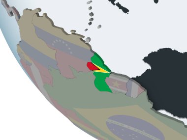 Guyana katıştırılmış bayrak ile siyasi dünya üzerinde. 3D çizim.
