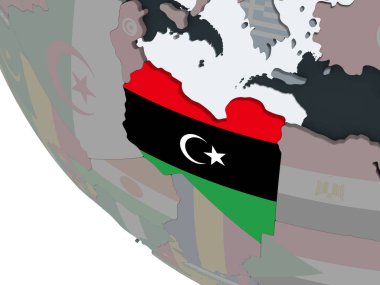 Libya katıştırılmış bayrak ile siyasi dünya üzerinde. 3D çizim.
