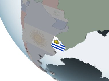 Uruguay katıştırılmış bayrak ile siyasi dünya üzerinde. 3D çizim.