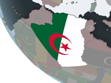 Cezayir katıştırılmış bayrak ile siyasi dünya üzerinde. 3D çizim.