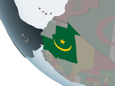 Moritanya katıştırılmış bayrak ile siyasi dünya üzerinde. 3D çizim.