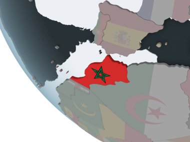 Fas katıştırılmış bayrak ile siyasi dünya üzerinde. 3D çizim.