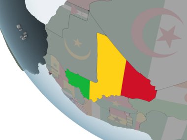 Mali katıştırılmış bayrak ile siyasi dünya üzerinde. 3D çizim.
