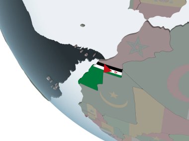 Batı Sahra katıştırılmış bayrak ile siyasi dünya üzerinde. 3D çizim.