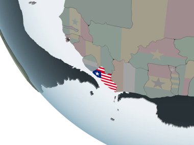 Liberya katıştırılmış bayrak ile siyasi dünya üzerinde. 3D çizim.