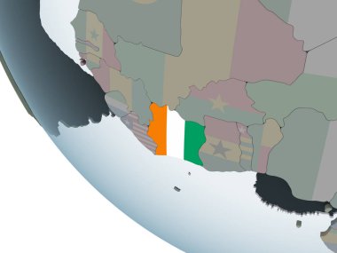 Fildişi Sahili katıştırılmış bayrak ile siyasi dünya üzerinde. 3D çizim.