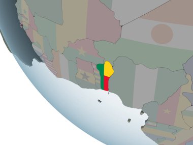 Benin katıştırılmış bayrak ile siyasi dünya üzerinde. 3D çizim.