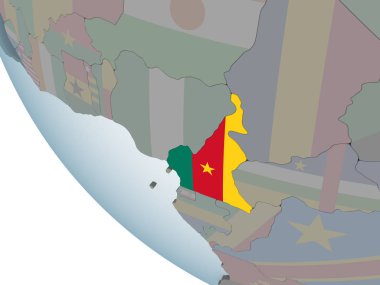Kamerun katıştırılmış bayrak ile siyasi dünya üzerinde. 3D çizim.