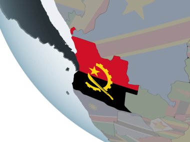 Angola katıştırılmış bayrak ile siyasi dünya üzerinde. 3D çizim.