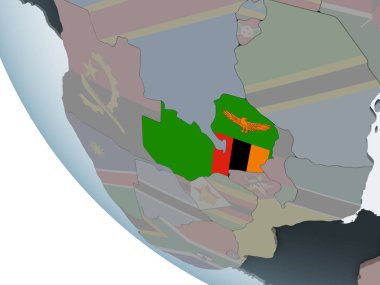 Zambiya katıştırılmış bayrak ile siyasi dünya üzerinde. 3D çizim.