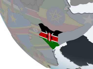 Kenya katıştırılmış bayrak ile siyasi dünya üzerinde. 3D çizim.