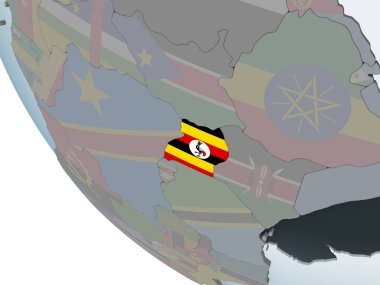 Uganda katıştırılmış bayrak ile siyasi dünya üzerinde. 3D çizim.