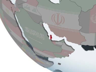 Katar katıştırılmış bayrak ile siyasi dünya üzerinde. 3D çizim.