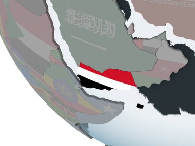Yemen katıştırılmış bayrak ile siyasi dünya üzerinde. 3D çizim.