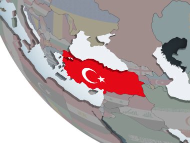 Türkiye katıştırılmış bayrak ile siyasi dünya üzerinde. 3D çizim.