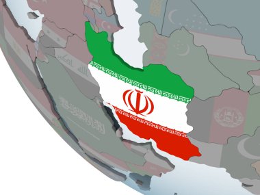 Iran katıştırılmış bayrak ile siyasi dünya üzerinde. 3D çizim.