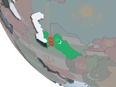 Türkmenistan katıştırılmış bayrak ile siyasi dünya üzerinde. 3D çizim.