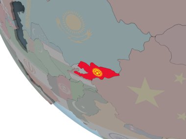 Kırgızistan katıştırılmış bayrak ile siyasi dünya üzerinde. 3D çizim.