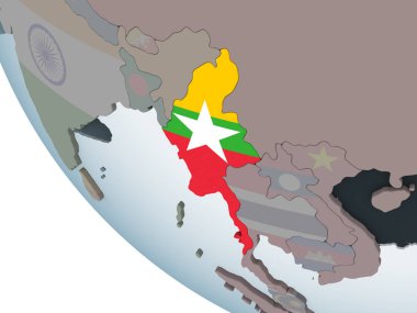 Myanmar katıştırılmış bayrak ile siyasi dünya üzerinde. 3D çizim.