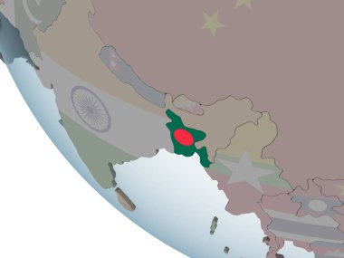 Bangladeş katıştırılmış bayrak ile siyasi dünya üzerinde. 3D çizim.