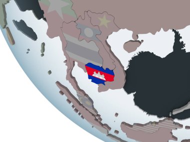 Kamboçya katıştırılmış bayrak ile siyasi dünya üzerinde. 3D çizim.