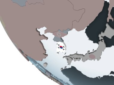 Güney Kore katıştırılmış bayrak ile siyasi dünya üzerinde. 3D çizim.