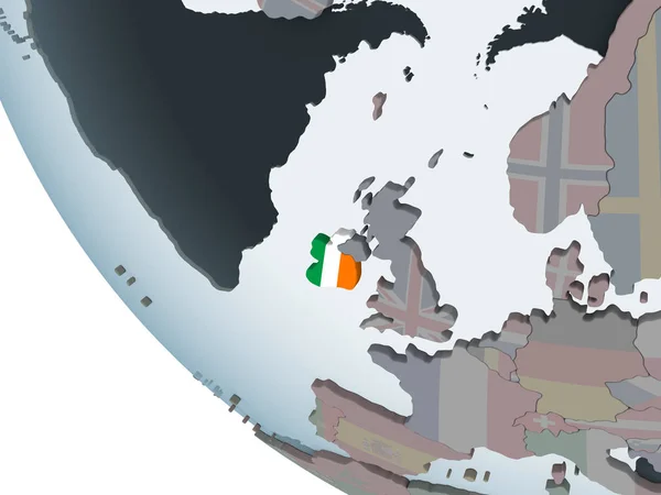Ireland on political globe with embedded flag. 3D illustration.