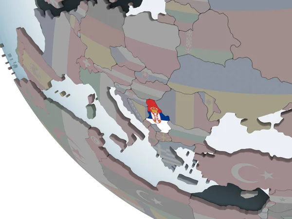 Serbia on political globe with embedded flag. 3D illustration.