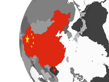 Çin katıştırılmış bayrak ile gri siyasi dünya üzerinde. 3D çizim.