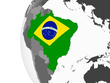 Brezilya katıştırılmış bayrak ile gri siyasi dünya üzerinde. 3D çizim.