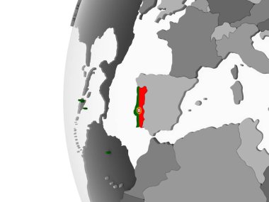 Portekiz katıştırılmış bayrak ile gri siyasi dünya üzerinde. 3D çizim.