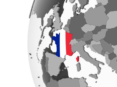 Fransa katıştırılmış bayrak ile gri siyasi dünya üzerinde. 3D çizim.