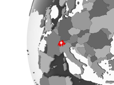 İsviçre katıştırılmış bayrak ile gri siyasi dünya üzerinde. 3D çizim.