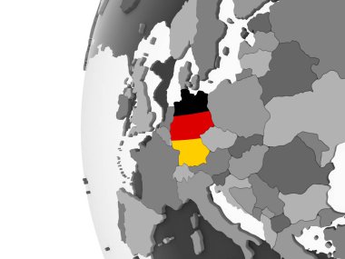 Almanya katıştırılmış bayrak ile gri siyasi dünya üzerinde. 3D çizim.