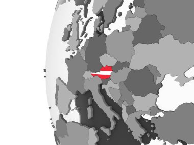 Avusturya katıştırılmış bayrak ile gri siyasi dünya üzerinde. 3D çizim.