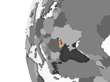 Moldova katıştırılmış bayrak ile gri siyasi dünya üzerinde. 3D çizim.