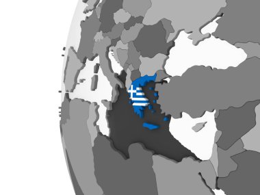 Yunanistan katıştırılmış bayrak ile gri siyasi dünya üzerinde. 3D çizim.