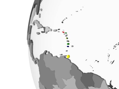 Karayipler katıştırılmış bayrak ile gri siyasi dünya üzerinde. 3D çizim.