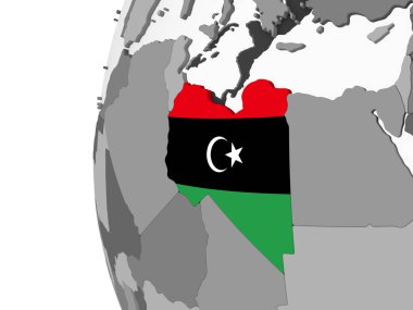 Libya katıştırılmış bayrak ile gri siyasi dünya üzerinde. 3D çizim.