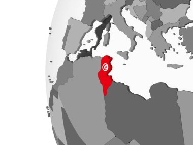 Tunus katıştırılmış bayrak ile gri siyasi dünya üzerinde. 3D çizim.