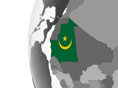 Moritanya katıştırılmış bayrak ile gri siyasi dünya üzerinde. 3D çizim.