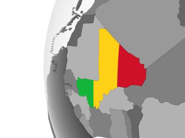 Mali katıştırılmış bayrak ile gri siyasi dünya üzerinde. 3D çizim.