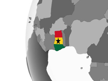 Gana katıştırılmış bayrak ile gri siyasi dünya üzerinde. 3D çizim.