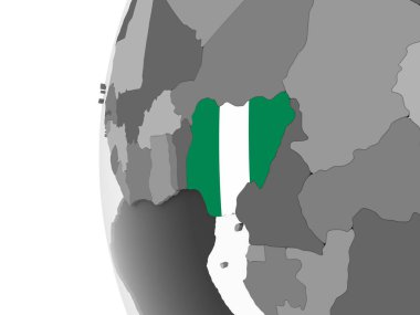 Nijerya katıştırılmış bayrak ile gri siyasi dünya üzerinde. 3D çizim.